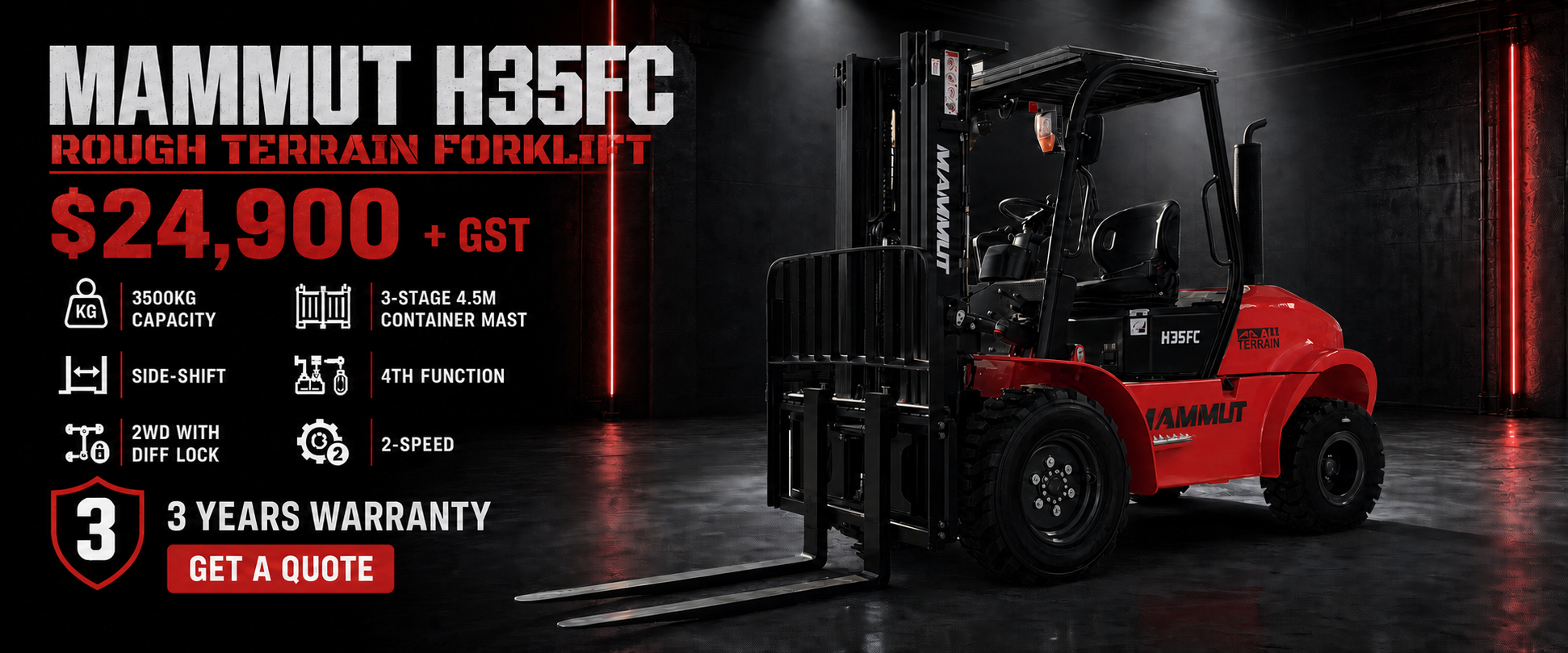 MAMMUT H35FC 3.5 tonne rough terrain forklift from $24,900 plus GST with 3 year warranty