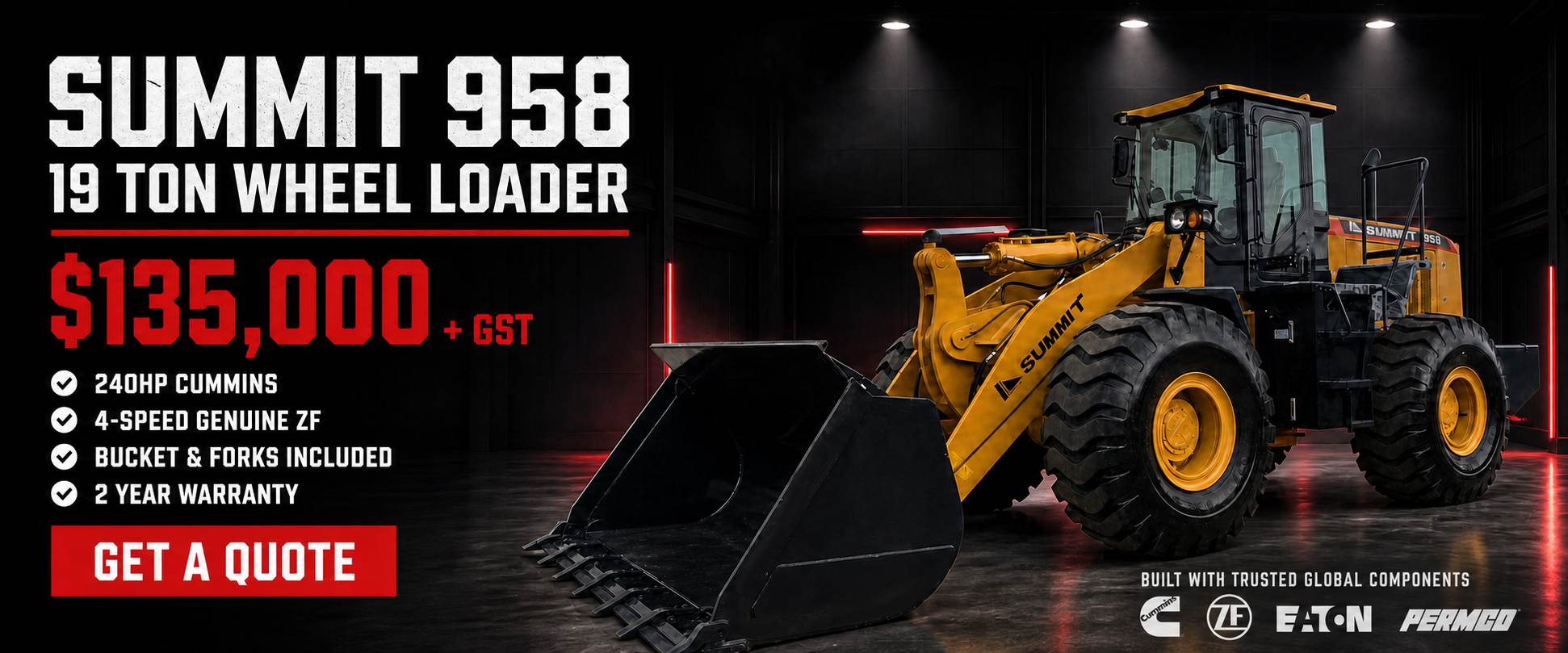 Summit 958 19 ton wheel loader with Cummins ZF Eaton and Permco components